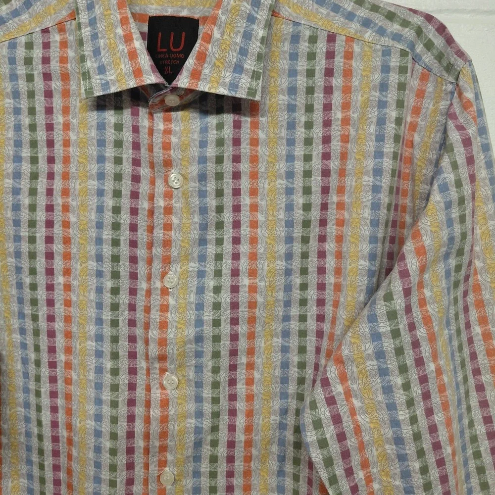 Linea Uomo Button Up Shirt Mens XL Paisley Mutil Color Stripe Long Sleeve Collar